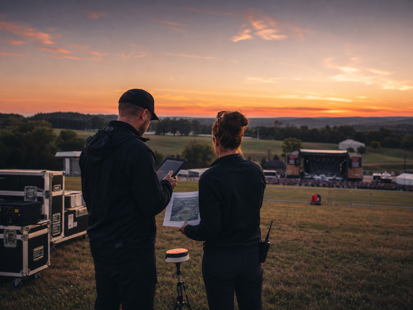 A professional drone-show team reviewing a Pennsylvania event site, flight equipment, and production plan