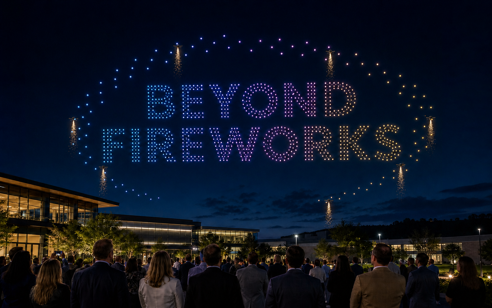 Beyond Fireworks written in realistic drone lights with controlled pyro drones above a corporate event